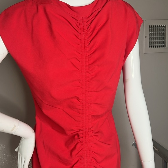 Escada Sz 40 Poppy Red Rouched Back Short Sleeve Front Zip Stretch Poly Dress - Picture 6 of 9